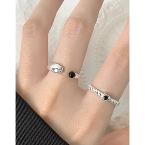 S925 sterling silver U-shaped open ring with black onyx and vintage twisted silver band