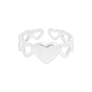 Polished S925 sterling silver open ring featuring a solid heart and镂空 heart band