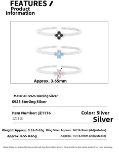 Détails des bagues fleurs en argent S925 avec zircons colorés et dimensions du produit