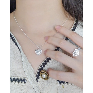 S925 sterling silver heart necklace and ring set with textured crumpled metal design