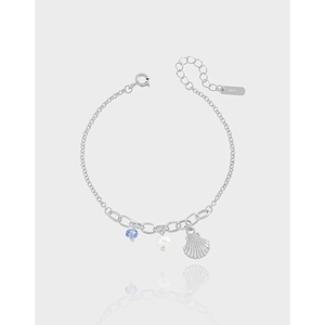 925 Sterling Silver Bracelet With Natural Artificial Pearl Shell And Blue Crystal Ocean Theme Korean Style For Women
