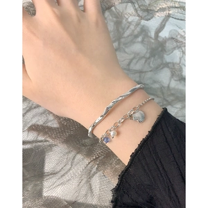 S925 sterling silver shell bracelet and wave bangle set with pearl and blue zircon