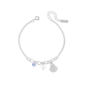 Elegant S925 sterling silver bracelet with blue glass bead, pearl, and scallop shell charm