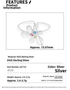 Macro view of S925 sterling silver flower ring with colorful cubic zirconia and dimensions