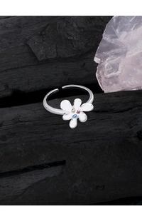 Macro view of S925 silver ring featuring a five-petal flower with colorful zircons