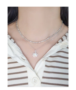 Close-up of S925 sterling silver layered necklace with colorful zircon flower pendant