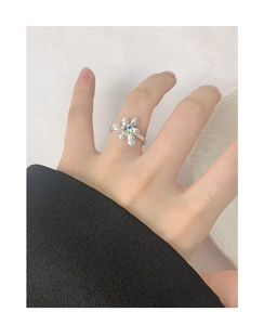 Detail of S925 silver flower ring with colorful zircon petals worn on a female hand