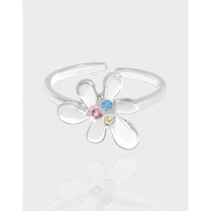 Korean INS Style S925 Sterling Silver Flower Petal Open Ring With Colorful Zirconia Minimalist Adjustable Ring For Women