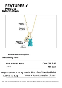 Detail of S925 silver necklace with 18K gold finish, blue bear and heart pendant