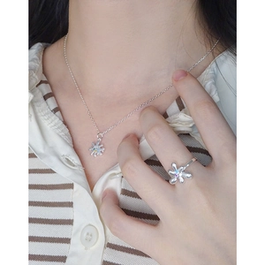S925 sterling silver set featuring a colorful zircon flower pendant necklace and open ring