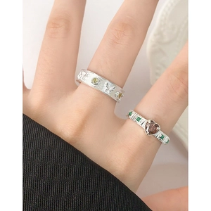 S925 sterling silver butterfly relief ring and heart-shaped brown gemstone ring set