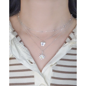 Three-layer S925 sterling silver necklace with butterfly and colorful zircon sunflower charms