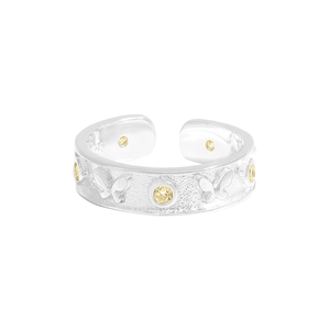 S925 sterling silver butterfly open ring with yellow gemstones and adjustable band
