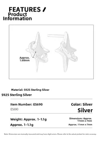 Detailed specifications of S925 sterling silver star stud earrings with precise dimensions