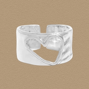 S925 Sterling Silver Irregular Hollow Heart Open Ring For Women Minimalist Adjustable Wide Band Hammered Texture Finger Ring Jewelry