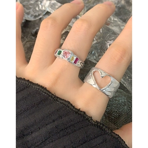 Irregular hollow heart ring with colorful gemstones in S925 silver finish for women