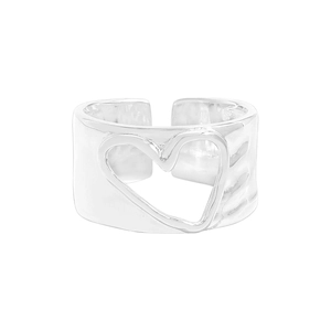 Irregular hollow heart sterling silver ring with hammer-textured finish for women