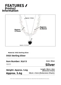 Detail view of S925 sterling silver double layer necklace with black heart and baroque pearl