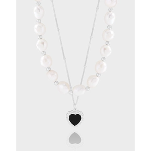 925 Sterling Silver Artificial Baroque Pearl Black Heart Pendant Necklace Double Layer Layered Choker Women Elegant Retro Jewelry