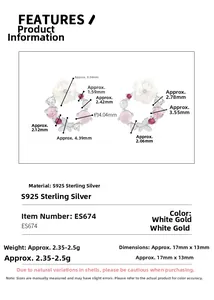 Detailed size specifications of S925 silver shell flower earrings with colored zircons