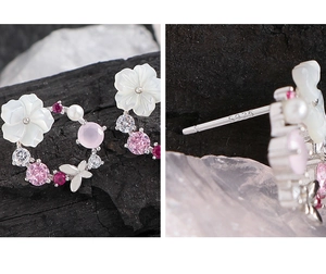 Close-up of S925 sterling silver earring featuring flower shell and pink cubic zirconia
