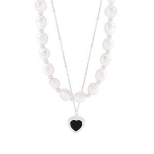 Double-layered S925 silver necklace with baroque pearls and a black heart pendant
