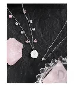 Detailed close-up of shell flower pendant with pink and white cubic zirconia on S925 chain