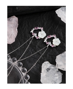 Détail des boucles d'oreilles à pompons argentés avec fleur en nacre et zircons roses