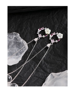 Close-up of S925 silver shell flower earrings with pink gemstones and long tassels