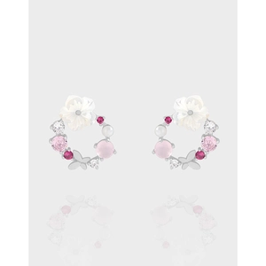 925 Sterling Silver Flower Stud Earrings Colored Zirconia Natural Shell Wreath Design Elegant Pink Floral Jewelry For Women