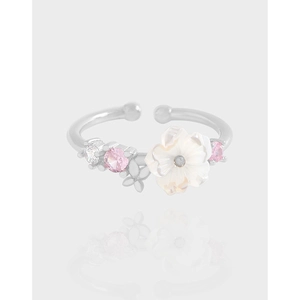 925 Sterling Silver Open Adjustable Ring With White Mother Of Artificial Pearl Flower Pink Zircon Butterfly Elegant Jewelry For Women