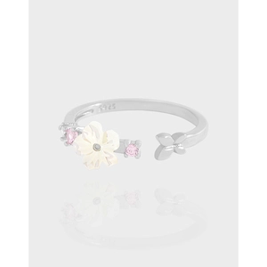 Bague Ouverte Réglable en Argent Sterling 925 Fleur de Coquille Papillon pour Femme Élégante Bague avec Strass Bijoux Mode