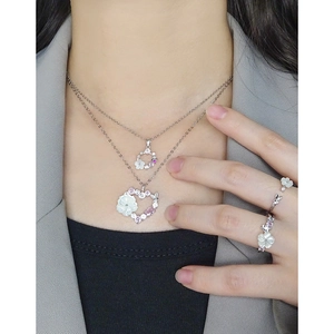 Parure bague ajustable et collier double en argent S925 avec fleurs en nacre et zircon