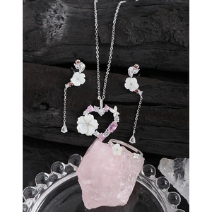 Parure bijoux en argent S925 avec bague fleur en coquille, collier et boucles