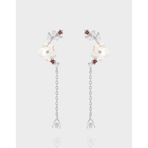 Shell Flower Long Tassel Drop Earrings With 925 Sterling Silver Earring Post Zircon Artificial Pearl Elegant Jewelry For Women
