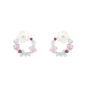 Floral shell earrings with pink zircon, butterfly detail and pearl on silver frame