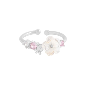 S925 sterling silver open ring with natural shell flower, pink diamonds and butterfly detail