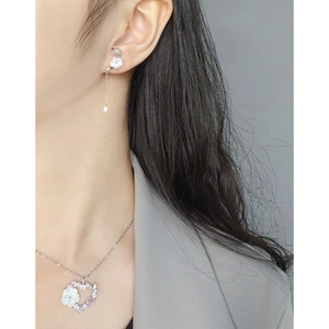 S925 silver jewelry set with shell flower heart pendant necklace and tassel earrings