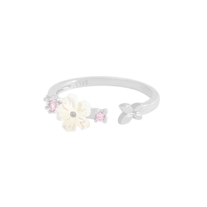 Bague ouverte en argent S925 avec fleur en nacre, papillon et zircons roses