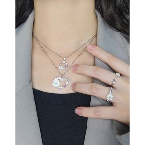 S925 silver shell flower necklace with purple zircon stones on a female model