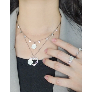 S925 silver double-layered necklace and shell flower rings set with zircon accents