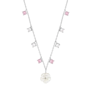 S925 sterling silver necklace with shell flower pendant and pink white zircons