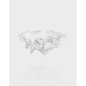 S925 Sterling Silver Irregular Liquid Metal Heart Ring Adjustable Agate Inlaid Opening Finger Ring Y2K Jewelry For Women