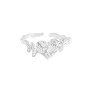 Irregular fluid silver S925 ring featuring a white heart opal stone and wavy texture
