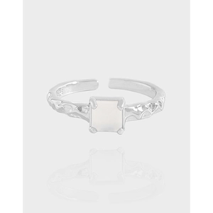 925 Sterling Silver Square Agate Ring For Women Hammered Texture Minimalist Adjustable Open Design Niche Fashion Finger Ring