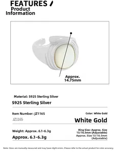 S925 sterling silver ring detail with oval white shell and adjustable band dimensions