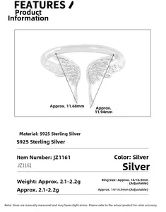 Detailed size parameters and wing texture of the S925 sterling silver butterfly ring