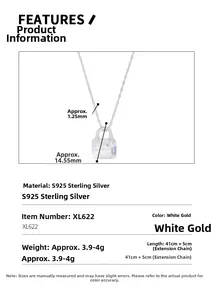 Detailed specs of S925 sterling silver handbag pendant necklace with measurements