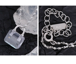 Macro shot of S925 sterling silver crystal handbag necklace with adjustable spring clasp