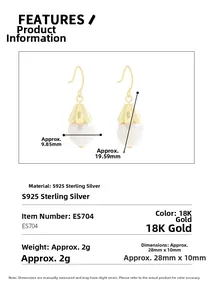 Detailed size chart of S925 silver pearl earrings with 18K gold floral cap design